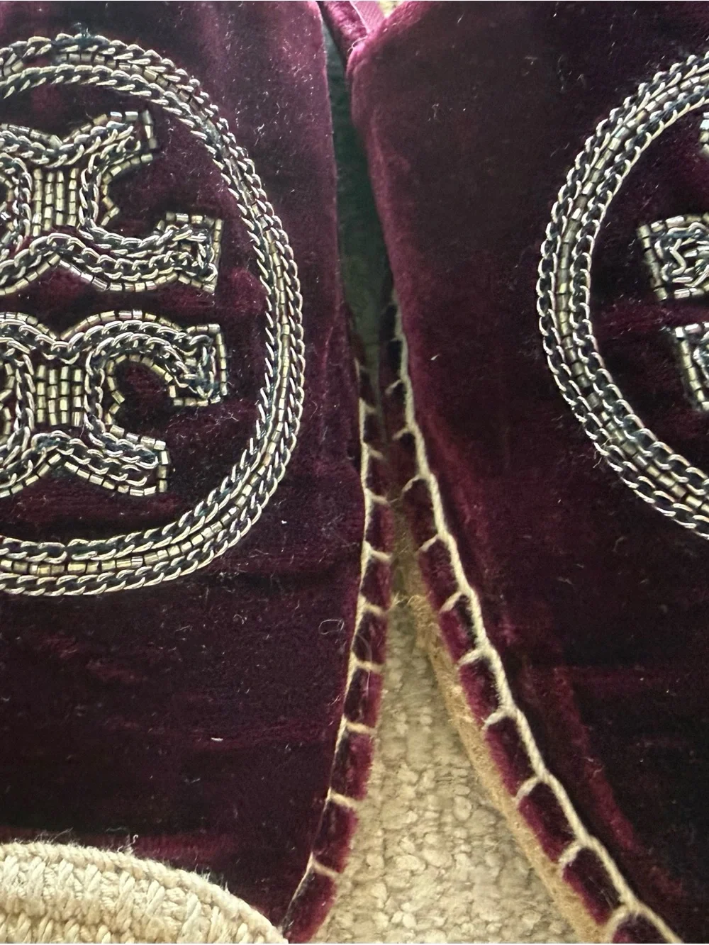 Tory Burch Burgundy Velvet Espadrilles with Embroidered Silver. Size 10.5. $396